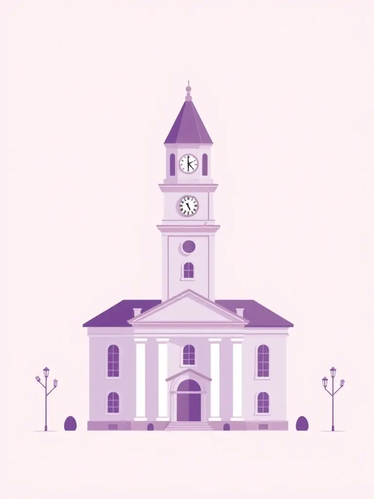 An icon showing a town hall or local government building, designed with a clean, minimalist aesthetic and soft purple accents.