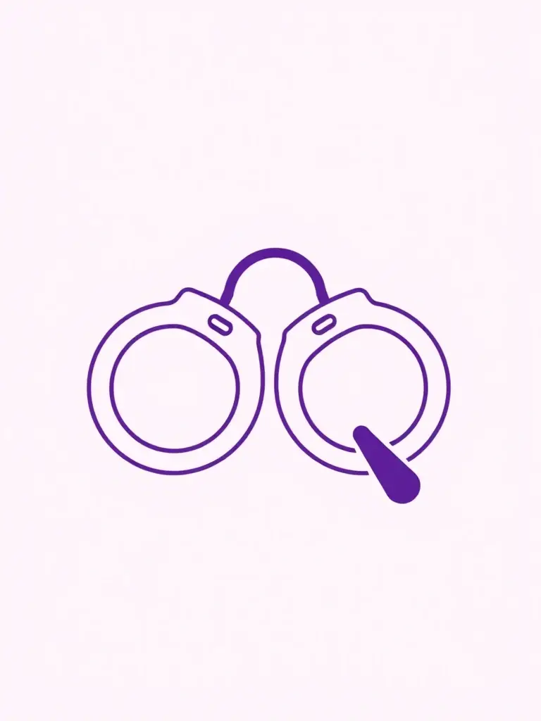 An icon representing Criminal Law, featuring a stylized set of handcuffs and a gavel, using a soft purple color palette.