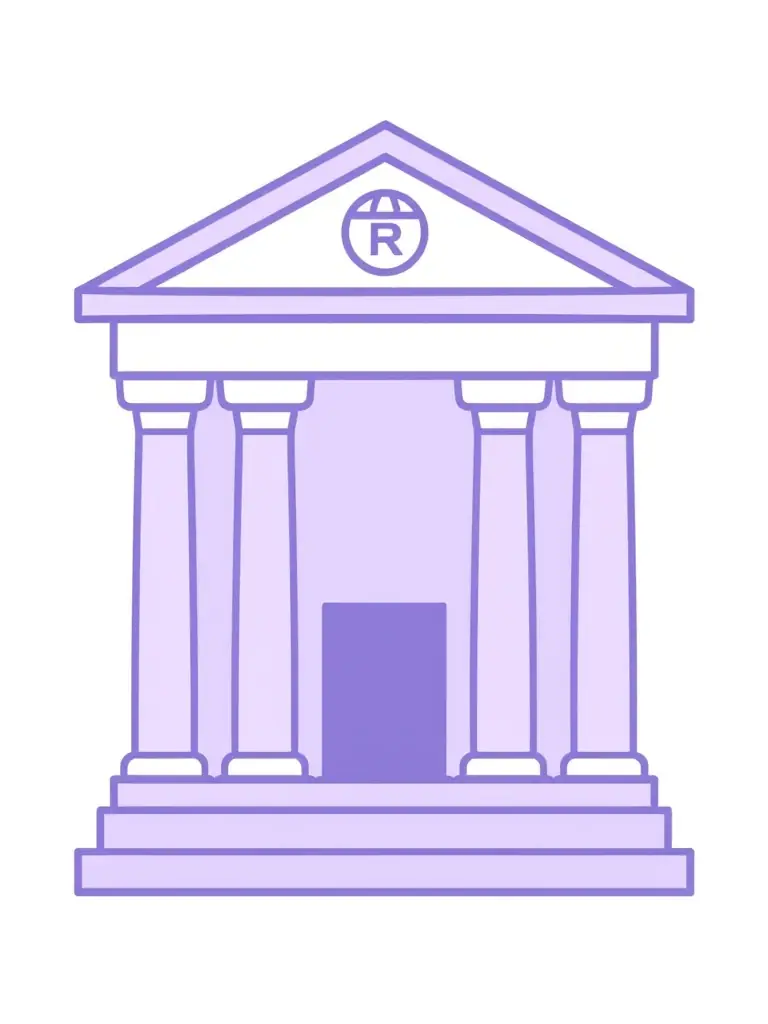 A modern icon depicting administrative buildings and regulatory symbols, using lavender and white color scheme.