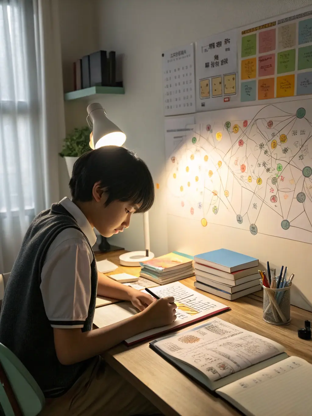 An illustration of a student confidently taking an exam, surrounded by supportive icons representing the various features of the TuOPOrtunidad platform.